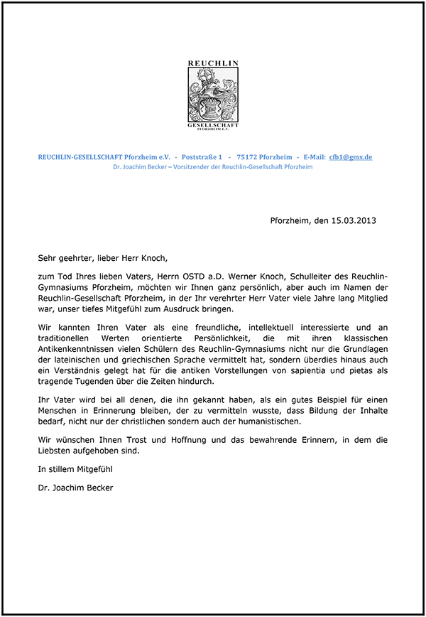 Nachruf von Dr. Joachim Becker an Sohn von OSTD Werner Knoch